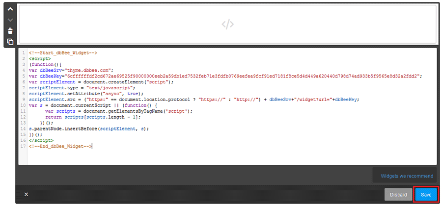 Paste the code you copied from the previous step into the text field in the Widget / HTML element and click save button