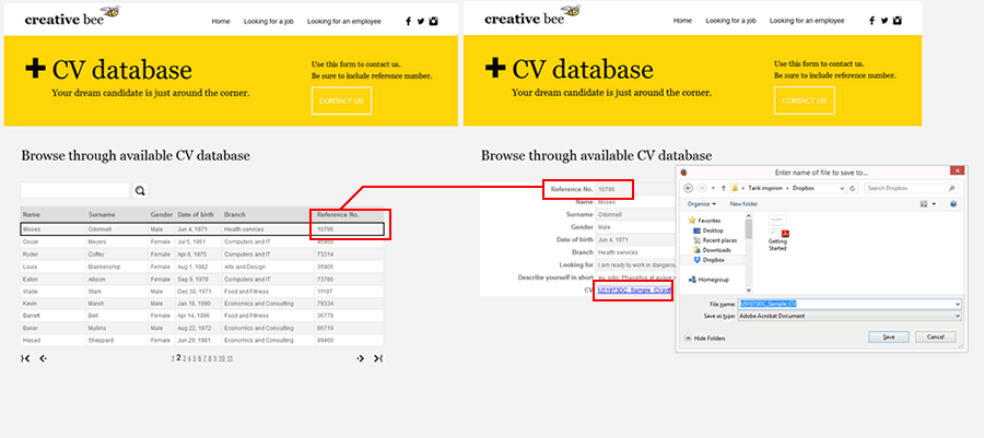 Select the particular employee (click on the row containing employee’s basic info) and get detailed information, including uploaded CV