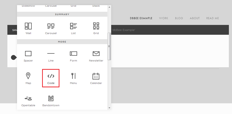 In the Block Menu, scroll down and select Code