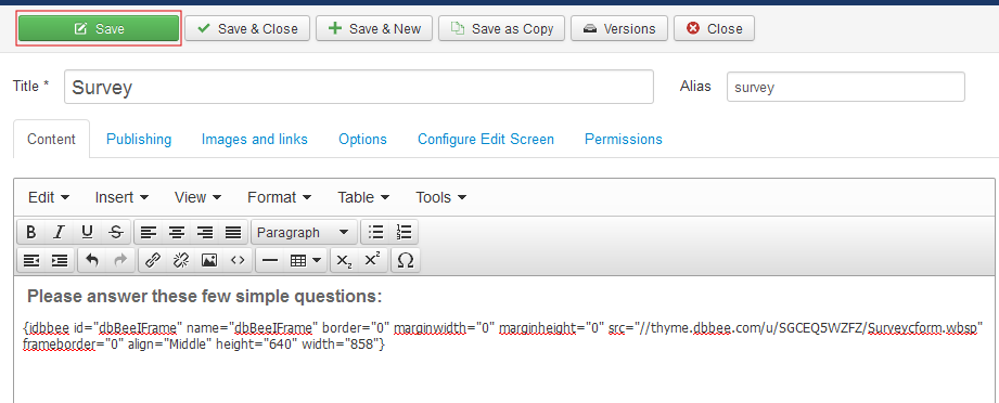 Paste the code and click the Save button