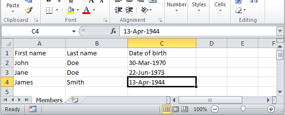 Sample Excel sheet